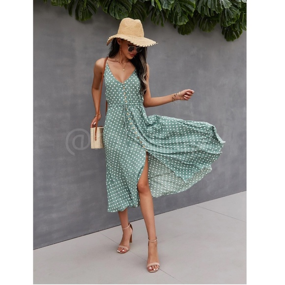 Mint Green Polka Dot Midi Button Through Dress Flared V-Neck - Picture 4 of 16